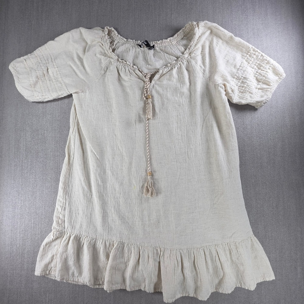 Mlle Gabrielle Peasant Dress Women XL Cream Boho Tassel Ruffle Hem Short Sleeve